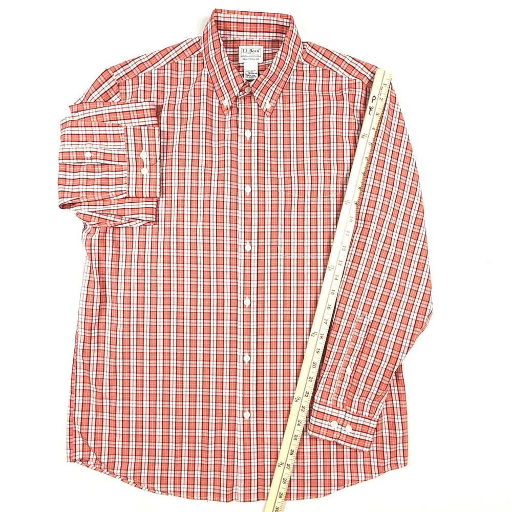 LL Bean Mens Traditional Fit Plaid Button Down Shirt Orange White Cotton M REG - Picture 5 of 6